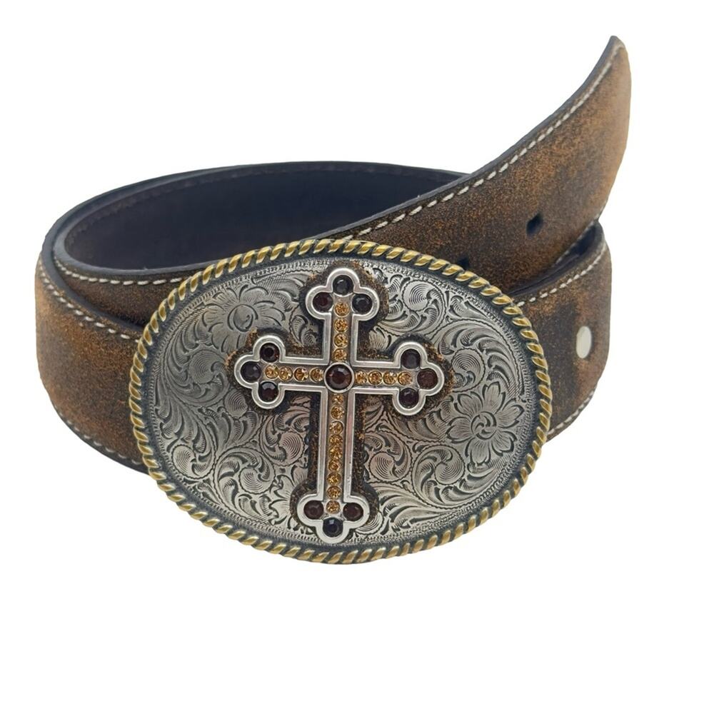NOCONA Brown Leather Belt with Silver and Gold tone Cross Buckle - SIZE M MED